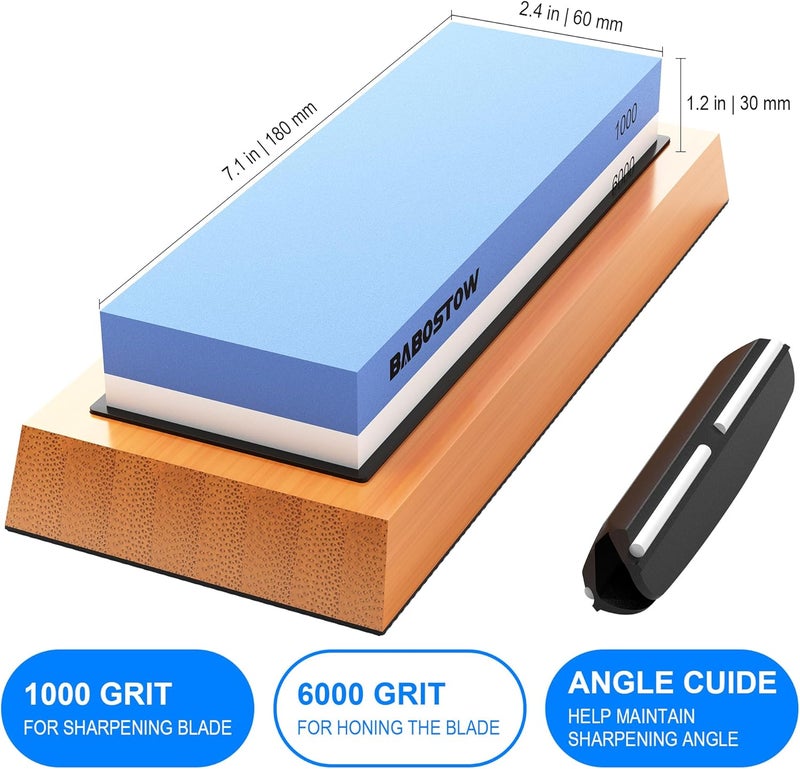 BABOSTOW Premium Whetstone Knife Sharpening Stone 2 Side Grit 1000/6000 Waterstone- Whetstone Knife Sharpener- NonSlip Bamboo Base & Angle Guide - Image 2